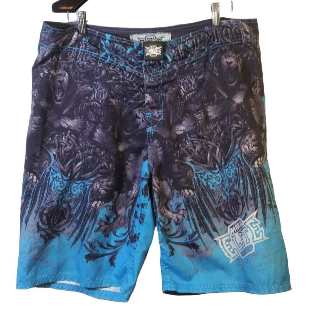 MMA Elite Fight Shorts Trunks Mens L Gym Training Aqua Teal Black Lion Tattoo
